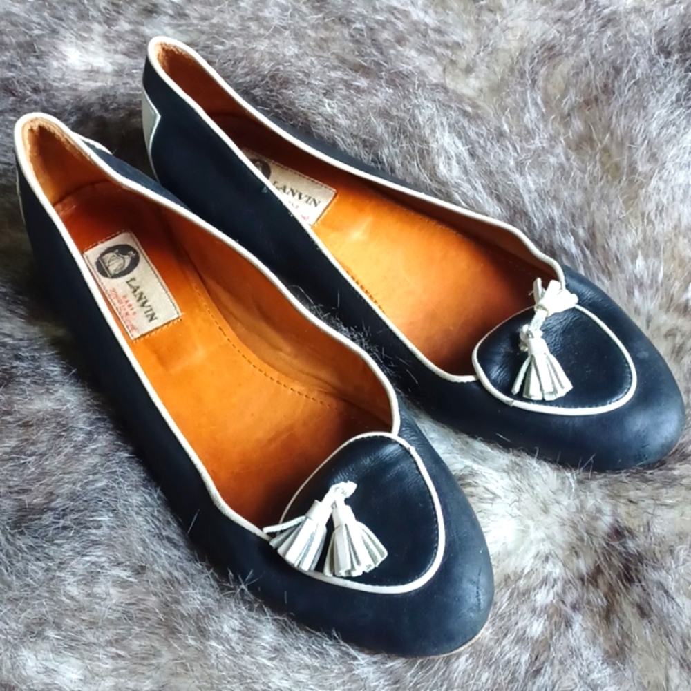 Lanvin Black Flats with White Tassels